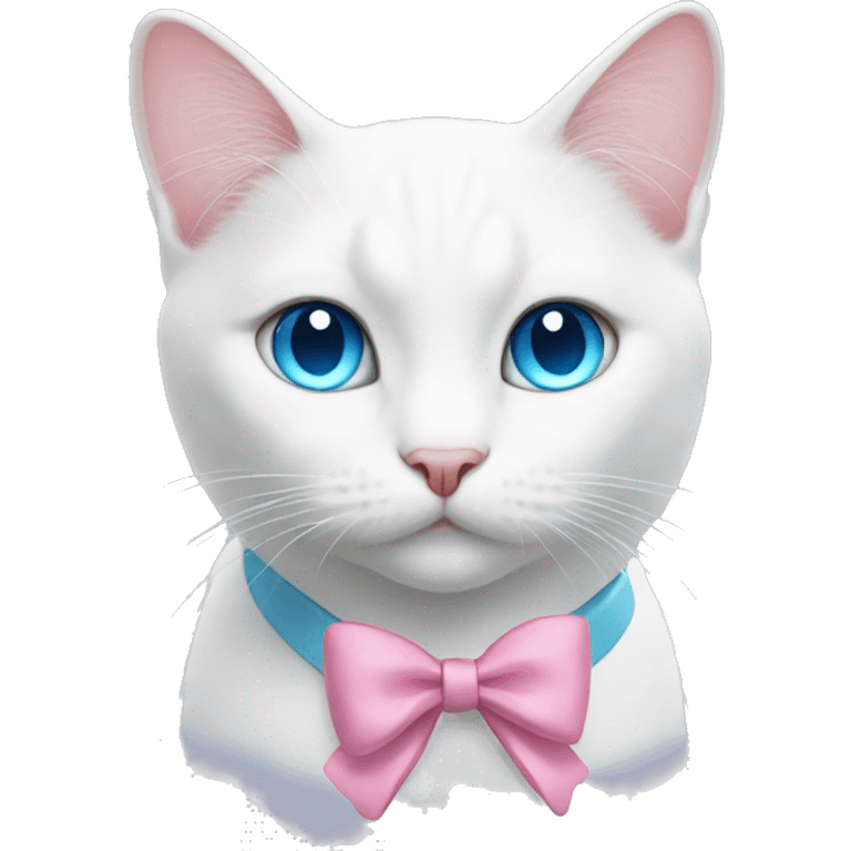 White cat with blue eyes wearing a pink bow emoji