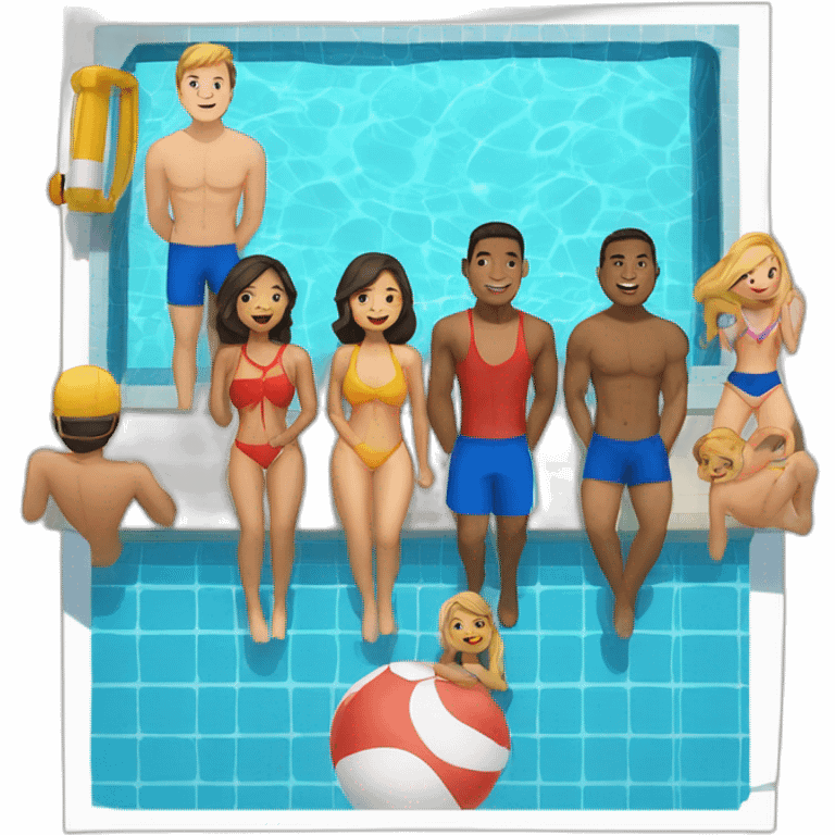 6 coed lifeguards at a swimming pool, ethnically diverse, 3 guys, 3 girls emoji