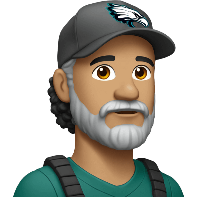 Hispanic man freckles black hair bark grey beard Philly eagles shirt and cap  emoji