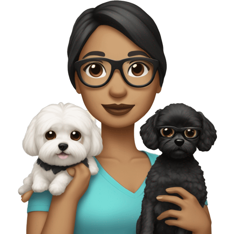 Tan skinned woman with black straight hair and black cat eye glasses holding white MaltiPoo dog emoji