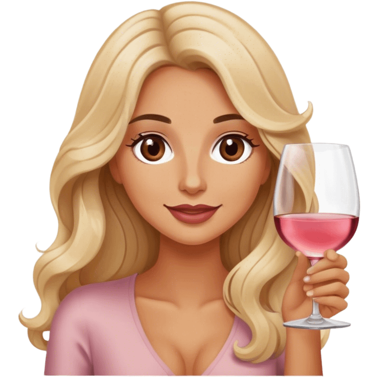 Blonde model with brown eyes, long wavy hair, wine tasting rosé emoji