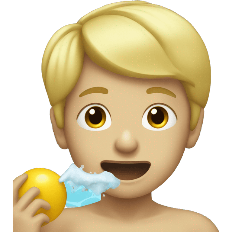 blonde boy in swimming pool eating emoji