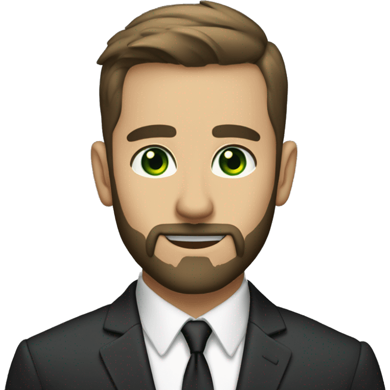 Finance guy, short black hare, green eyes, suit, beard like 3 days, white. crewcut emoji