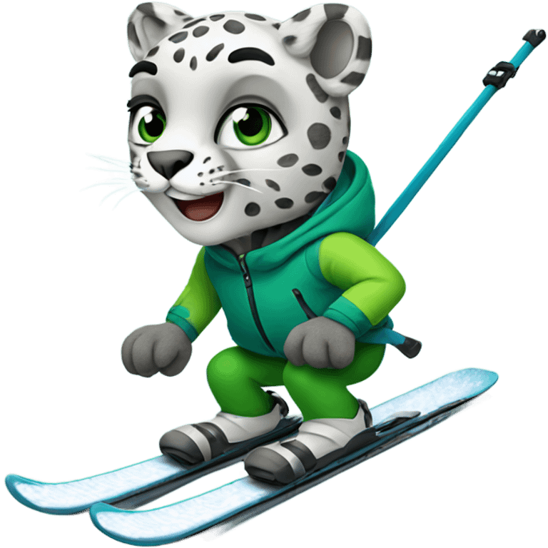 Snow leopard skiing with green skis emoji