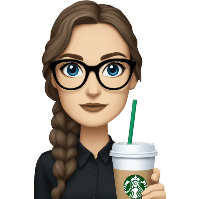 Photo of elegant Keira Knightly wearing black glasses and blue eyes holding Starbucks  emoji