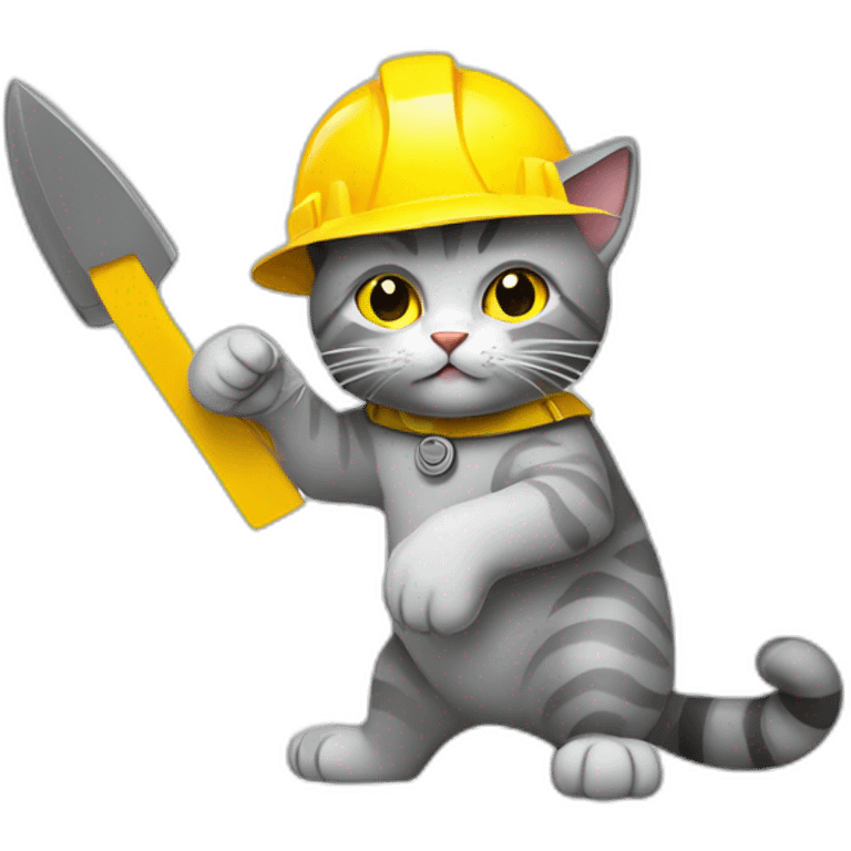 gray cat,fighting pose,yellow construction helmet, illustration style emoji