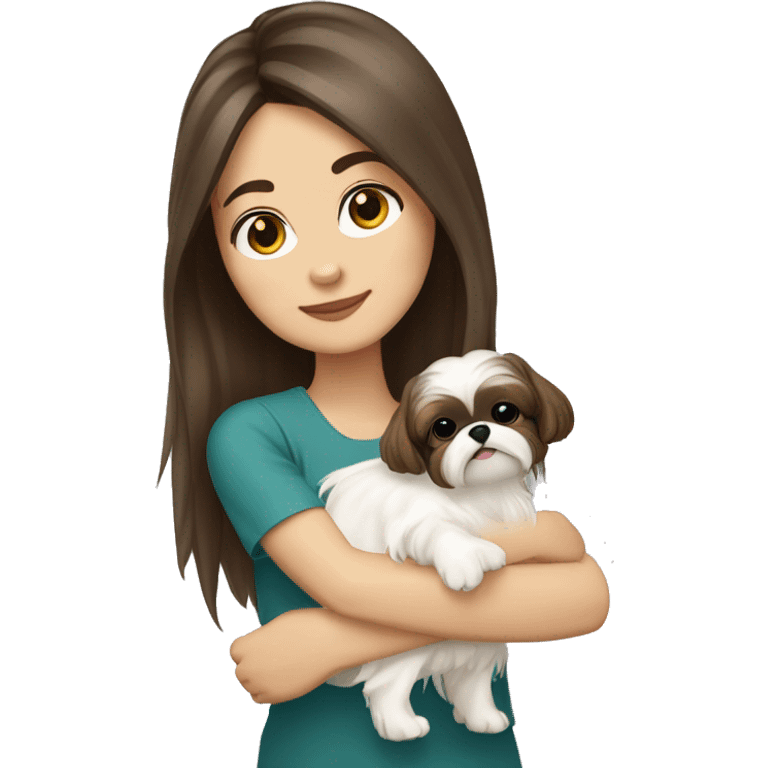 Young brunette hair woman with a cream shih tzu in her arms long hair emoji