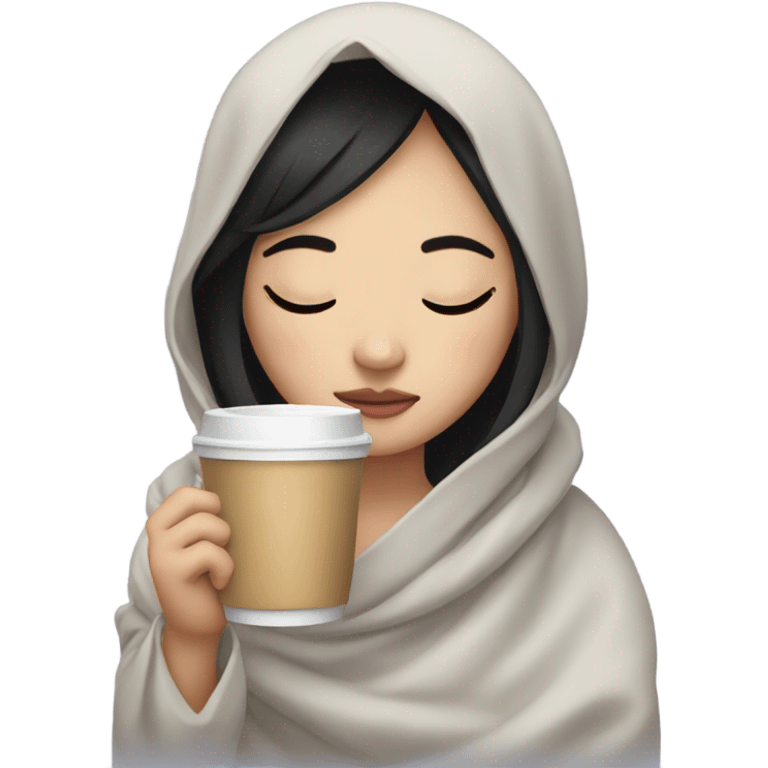 Asian girl inside a blanket sipping coffee eyes closed black hair emoji