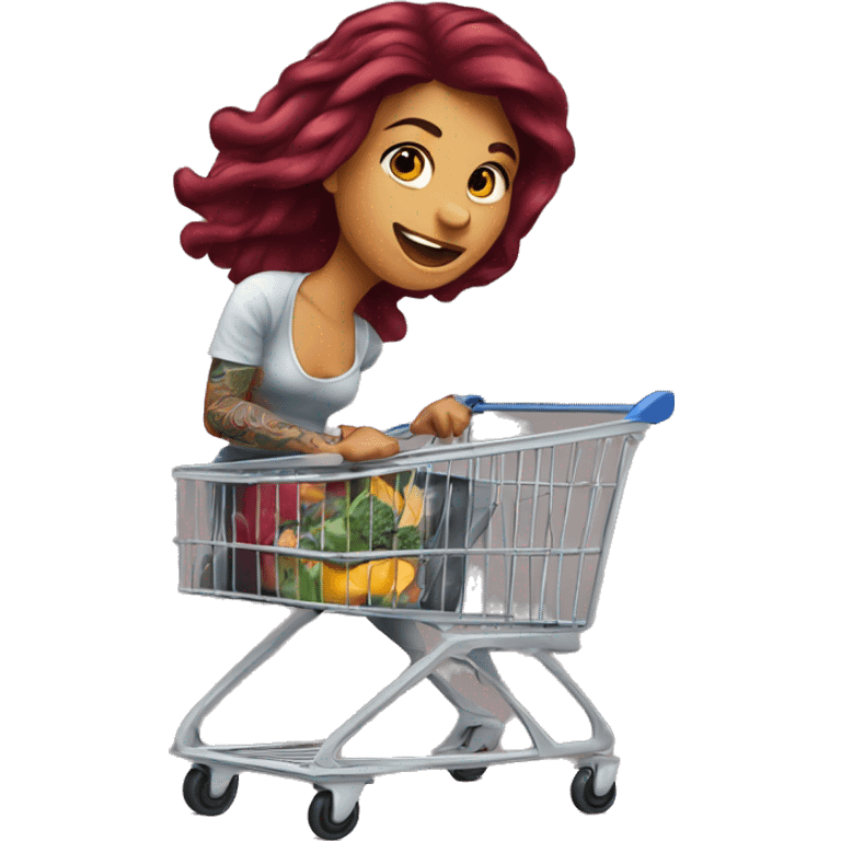 Beautiful tattooed burgundy long haired woman pushing shopping cart emoji