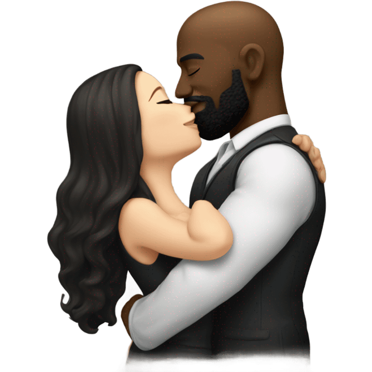 White brunette kissing muscular black bald man with beard emoji