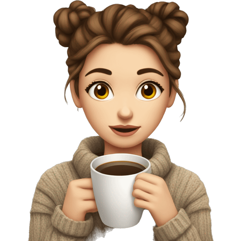 Cute brown haired girl in a cozy sweater hair in a messy bun drinking coffee emoji