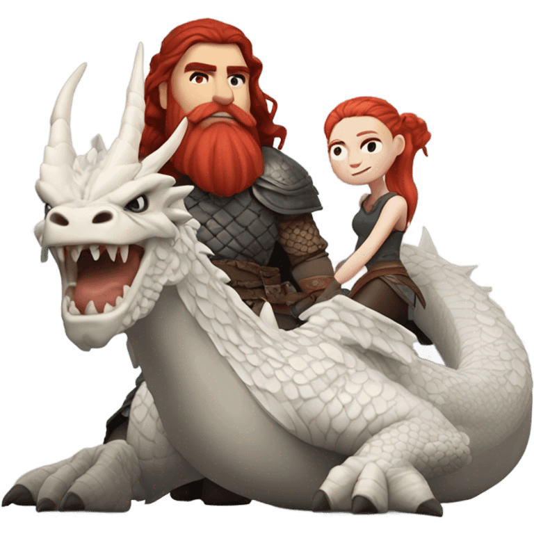  White Viking red head pale skin beautiful dragon  queen with a killed Viking solder with a dark man bun laying down on a dragon  emoji