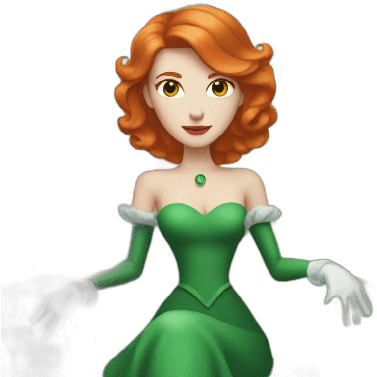 white skin redhead queen with straight hair wearing white gloves on her throne, wearing a green dress emoji