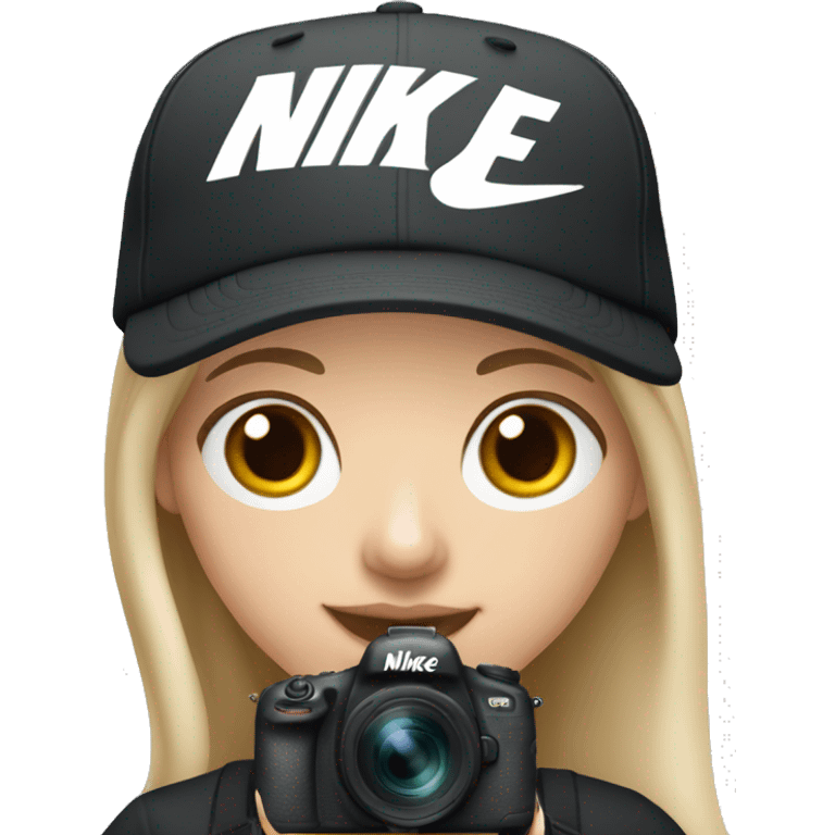 White girl with black nike cap holding camera emoji