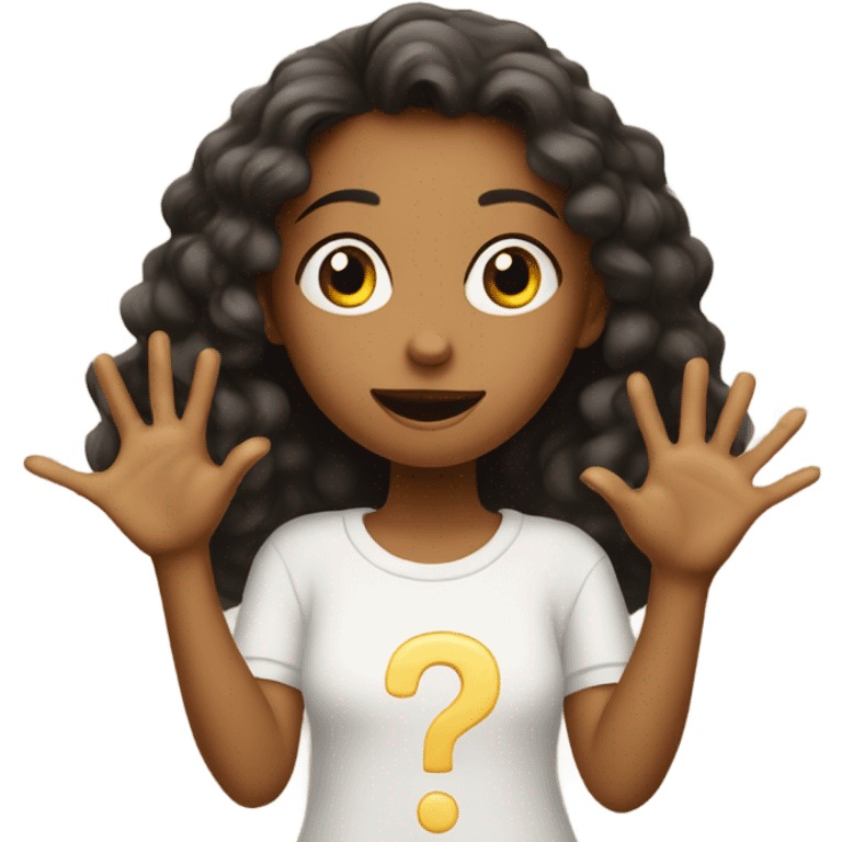 young girl with hands extended outward, surrounded by floating question marks emoji