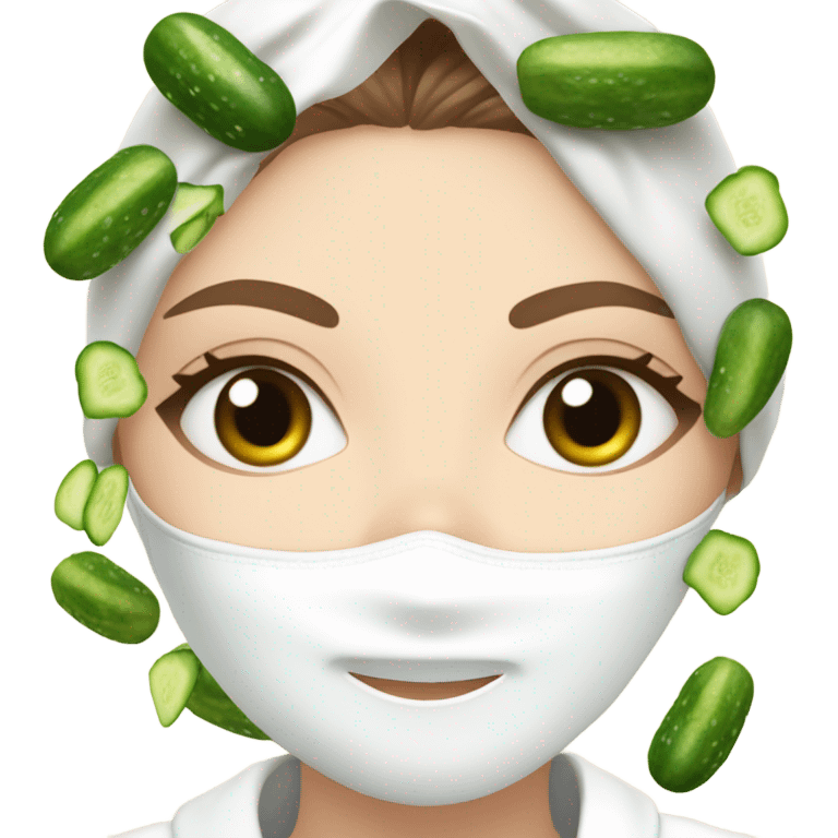 White girl with Brown hair and blue eyes wears a Green skincare textured mask and puts on cucumbers around her eyes while She relaxes in her white Robe emoji