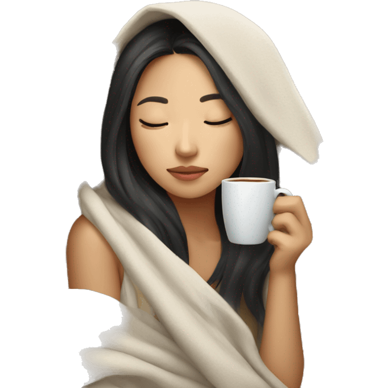 asian girl inside a blanket sipping coffee eyes closed emoji