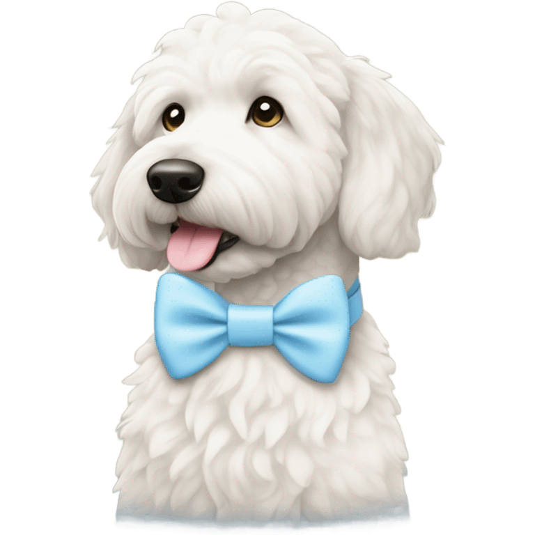 Goldendoodle white with light blue bow collar  emoji