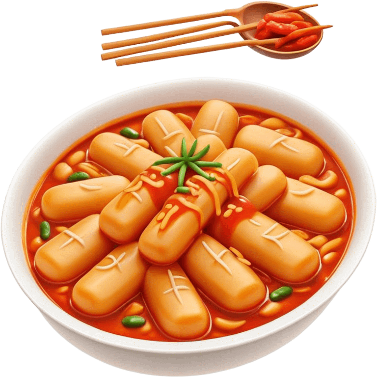 Cinematic Realistic Tteokbokki Dish Emoji, showcasing spicy, chewy rice cakes in a fiery sauce rendered with lifelike detail and bold, dynamic lighting. emoji