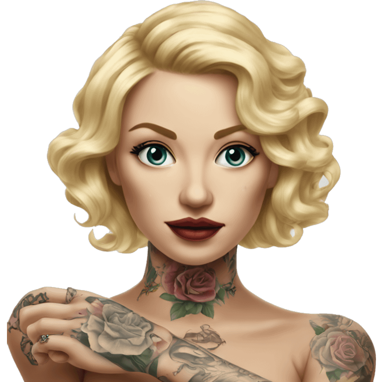 Blonde elegant women, her Body Covered with Tattoos, POINTING to YOU FORWARD with her ONE HAND , Hyper realistic emoji