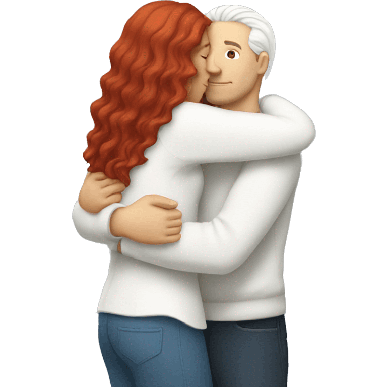 White Man with long hair hugging a white red hair woman emoji