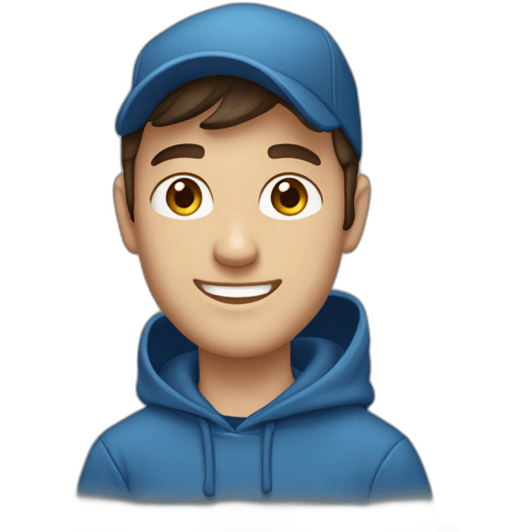 caucasian, male, dark brown hair, dark brown eyes, cap, smiling, blue hoodie emoji