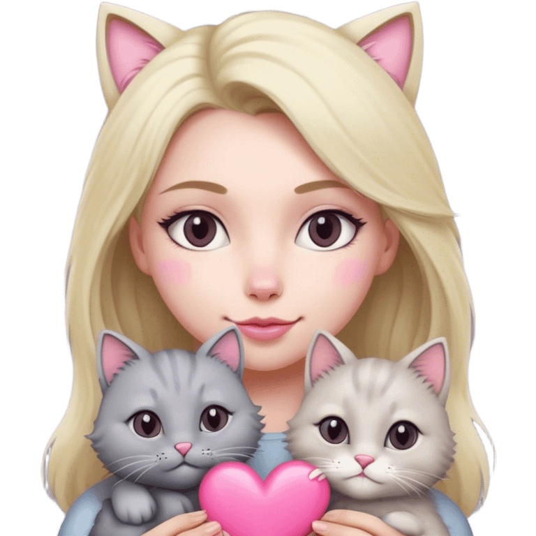 blonde woman and fluffy grey cat with a pink heart emoji