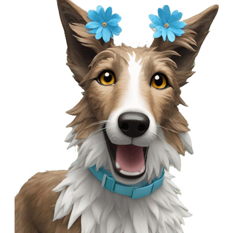  brindle fluffy lurcher fox running blue eyes fluffy ears and holographic harness wearing paper flower crown emoji