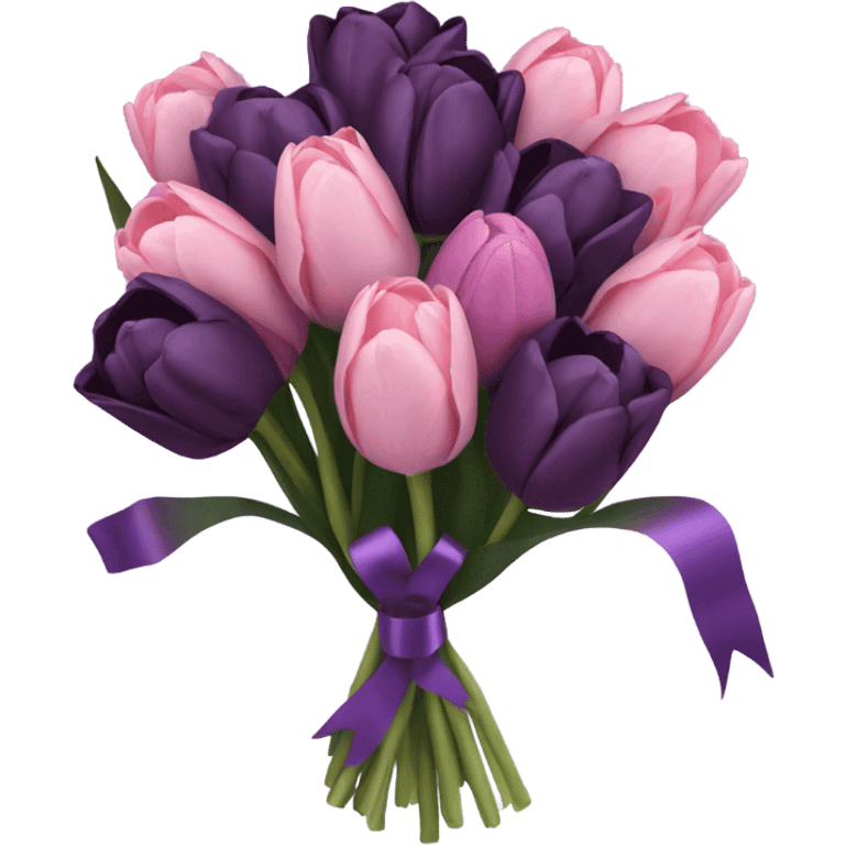 a beautiful aesthetic bouquet composed of dark purple and light pink tulips and dark purple roses tied with a silk purple ribbon emoji