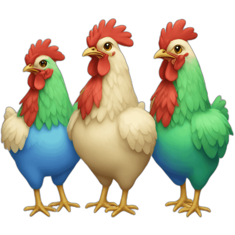 Three chicken red green blue emoji