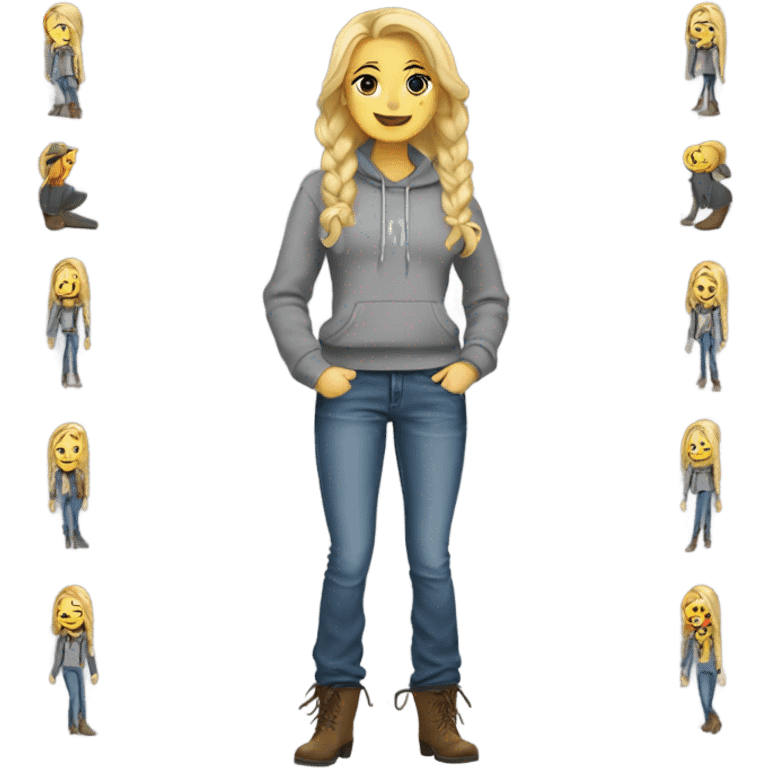 Blonde girl, hair braided, grey pullover hoodie, bootcut jeans, and cowboy boots full body emoji