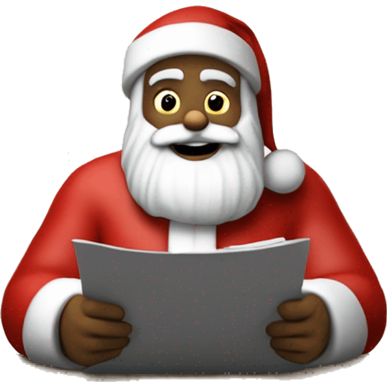 White Santa Claus is sitting on a desk, writing something down on a sheet of paper, solving complicated math puzzles emoji