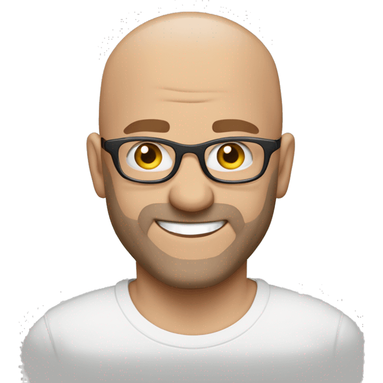 white hazel eyed bald facial hair guy with glasses and white t-shirt smiling emoji