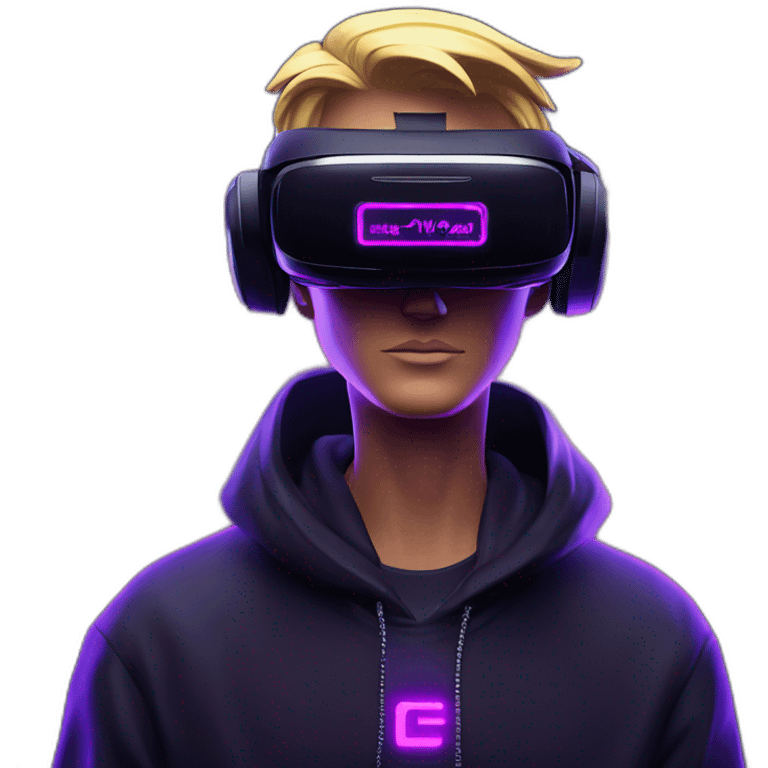 Donald Trump wearing a black hoodie with "OMG" letters on it and VR headset in a cyberpunk VR environment with violet neon lighting. emoji