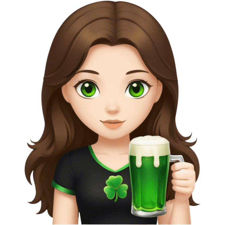 brunette hair down girl black top holding a beer make her st. pattys themed emoji