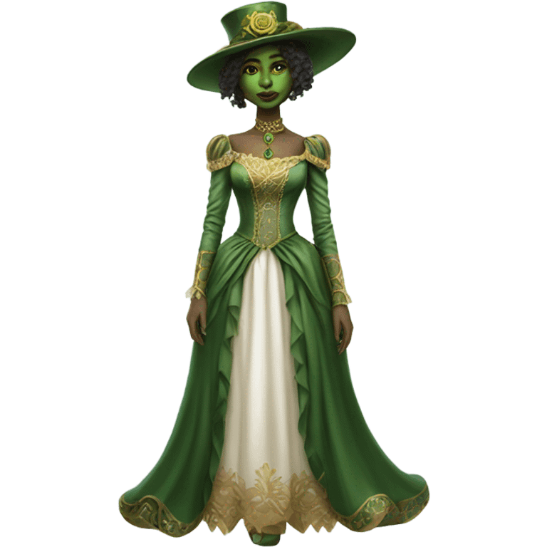 a green amazon alien woman in Victorian white gold full body emoji