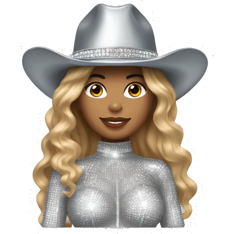 beyoncé in a silver crystal outfit wearing a silver crystal cowboy hat emoji