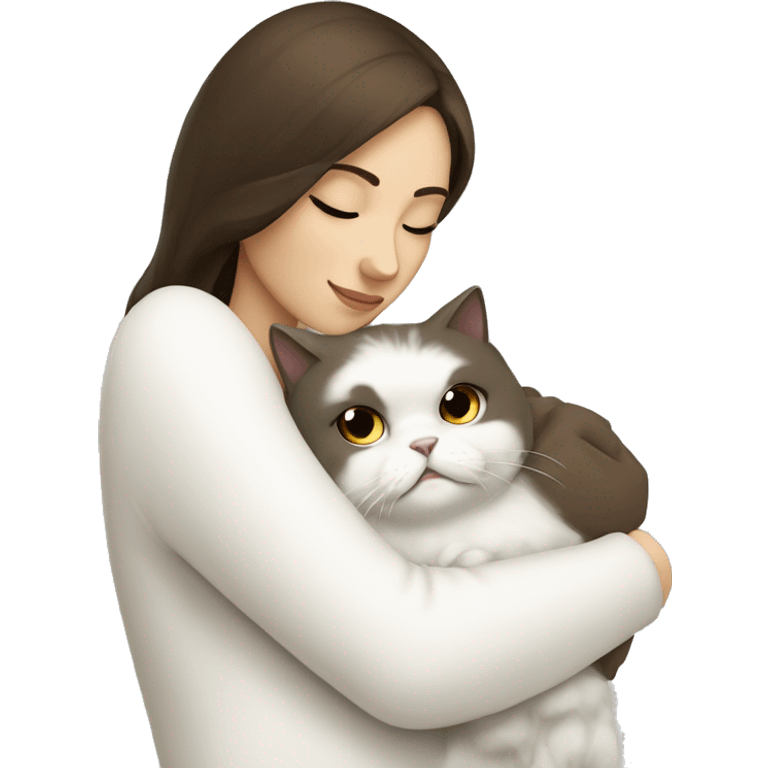 Brunette woman snuggling white Persian cat emoji