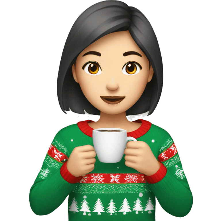 asian girl drinking coffee wearing Christmas sweater emoji