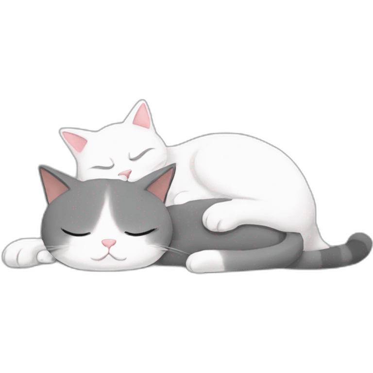 grey and white cat sleeping with other cat emoji