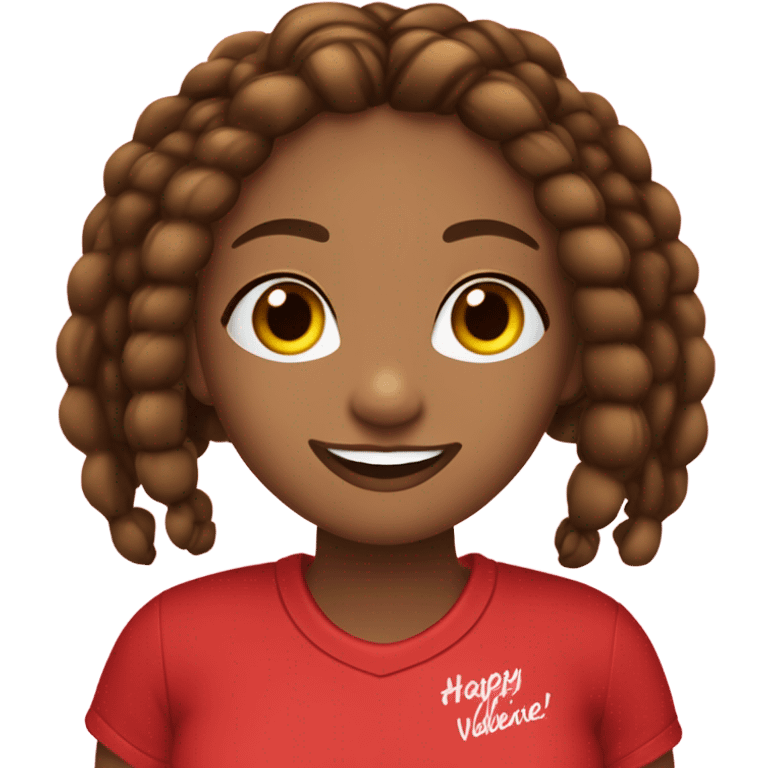 Light brown lady smiling, long dark brown African braids, bright red lips, eyelashes, wearing red “happy Valentine’s Day” t shirt emoji