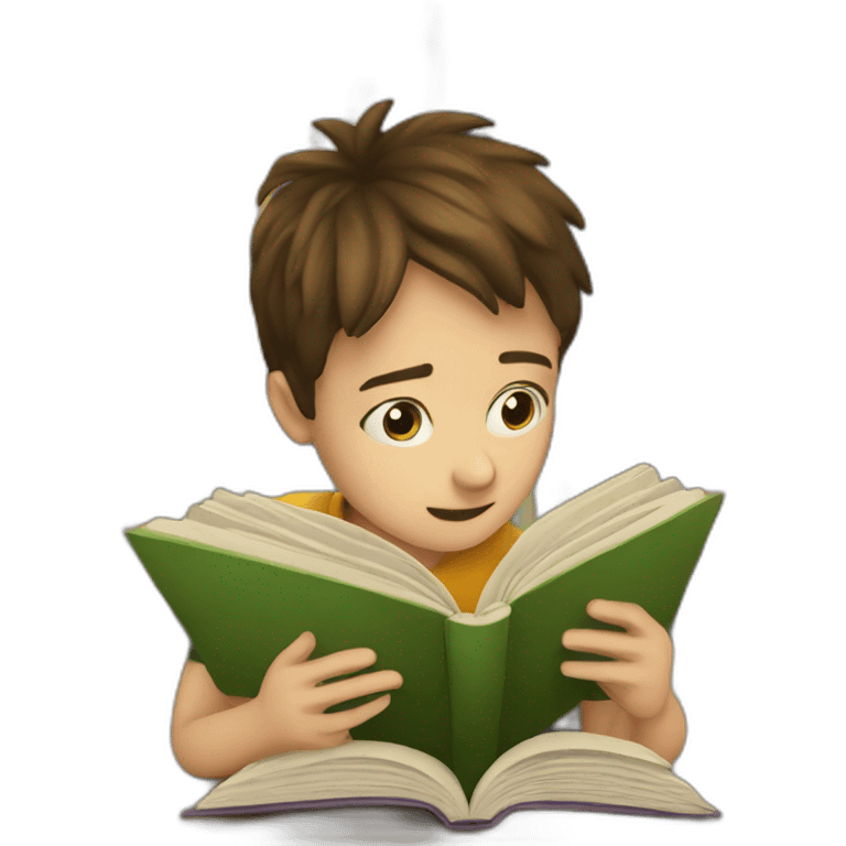 a boy trying to read a book but he is said emoji