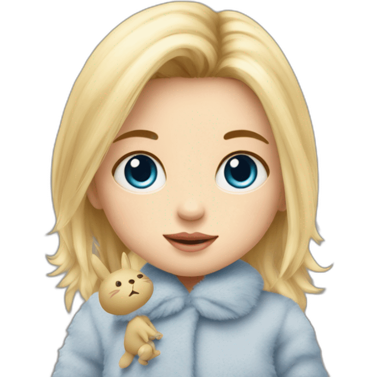 bébé fille blonde décoiffée aux yeux bleus avec une peluche Totoro  emoji