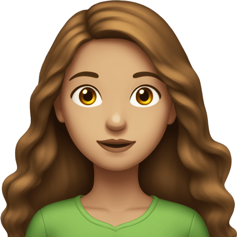 Girl with long brown hair, fair skin, brown eyes, red yellow green colors emoji