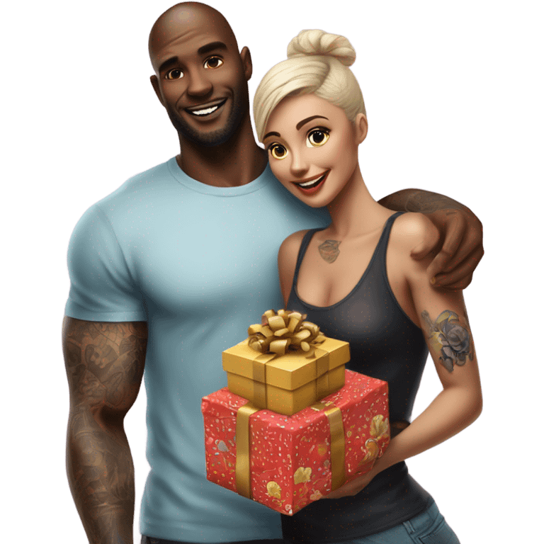 Hyper Realistic beautiful woman receiving a gift and a box of chocolates from a handsome tattooed man  emoji