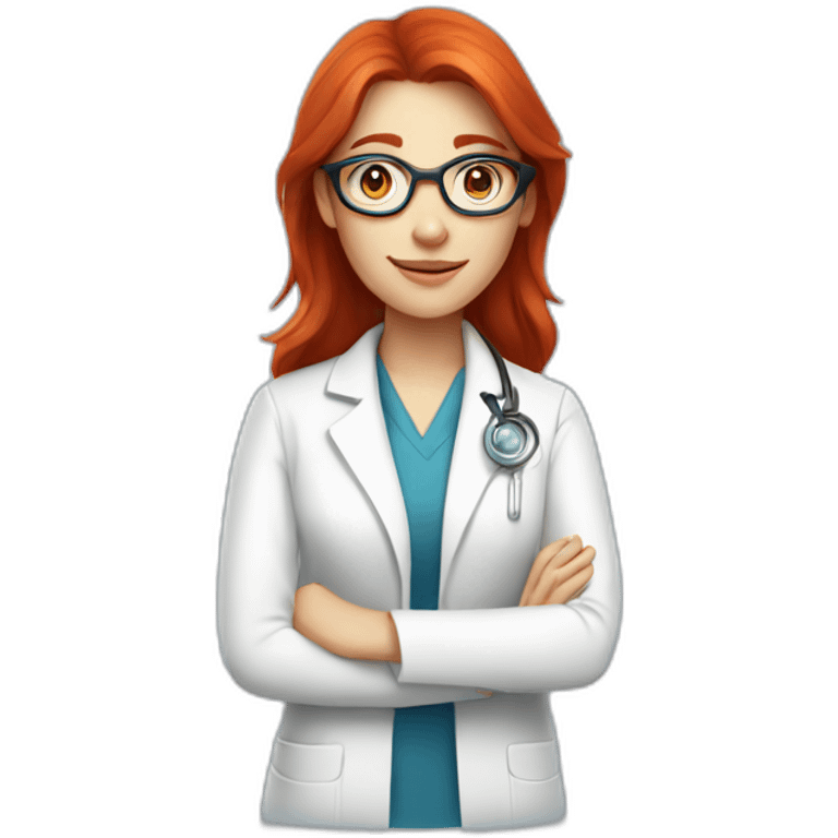 Female scientist in white coat with straight red hair and glasses blue eyes emoji