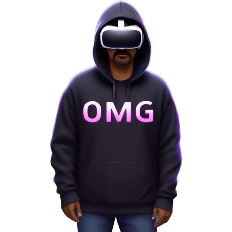 Big Lebowski wearing a black hoodie with "OMG" letters on it and VR headset oculus quest 2 in a cyberpunk VR environment with violet neon lighting. emoji