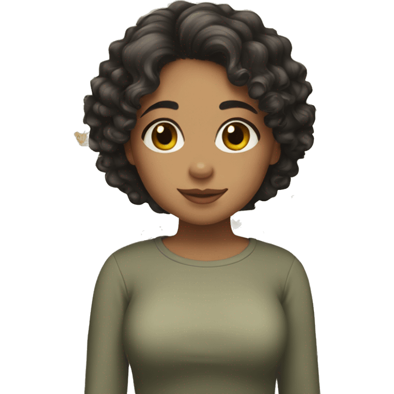 Curly girl with short dark hair and green eyes with corgi emoji