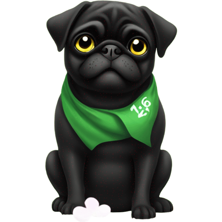 Black pug , surrounded by flowers, holding a green sign that says “good luck”  emoji