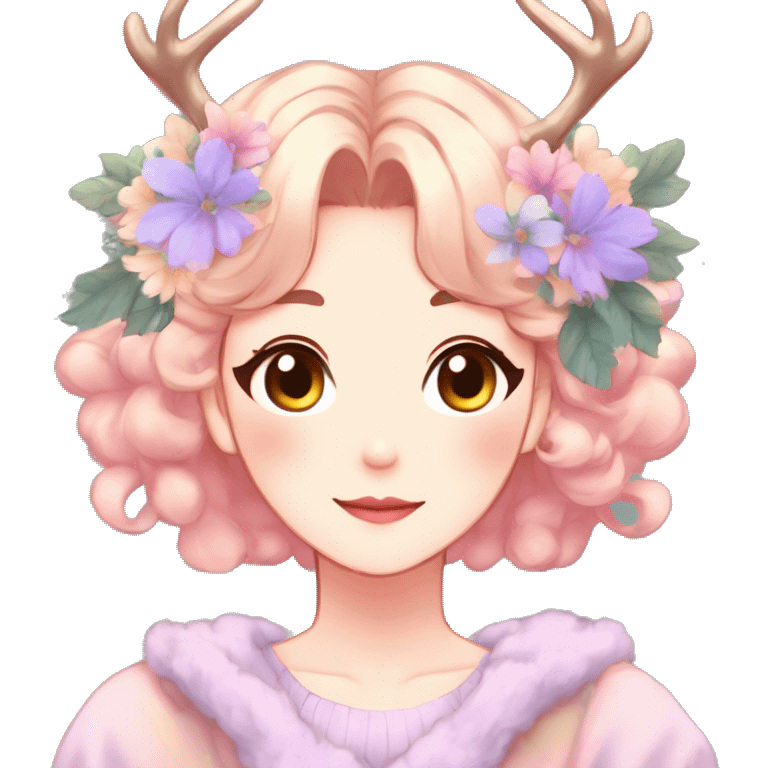 Gorgeous Shiny Colorful Pastel Anime Style Mature Lady with blushing face and pretty hair with a flower crown and antlers pastelcore kawaii cottagecore aesthetic trending style emoji